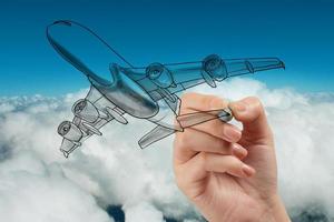 hand drawing airplane on blue sky background photo