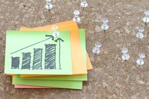 close up of pin and hand drawn business strategy graph chart on sticky note with cork board as concept photo