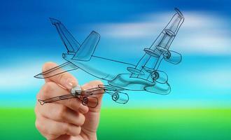 hand drawing airplane on blur blue sky background photo