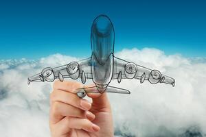 hand drawing airplane on blue sky background photo