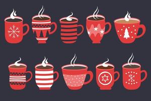 Red cups with a hot drink. Vector set isolated on black background.