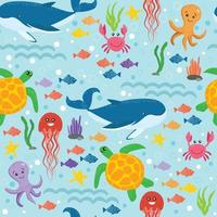 Animals under water, marine life seamless pattern. Cute sea creatures. Octopus, fish, starfish, jellyfish, whale, crab. Children's wallpaper. Vector illustration.
