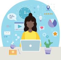 African american freelancer woman work from home vector flat illustration. Woman with laptop, education or working concept. Home office during coronavirus outbreak concept, woman working from home.