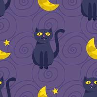 Halloween seamless pattern. Cute black cat and the moon. Vector illustration