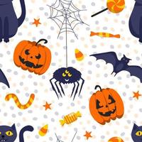 Halloween seamless pattern. Pumpkins, spider and cat. Vector illustration