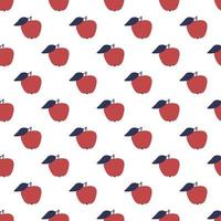 Red apple fruits with blue leaves on a white background. Vector pattern