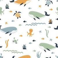 Seamless pattern with whales, octopuses, sea turtles, fishes in boho style. Pastel shades. Underwater world background.
