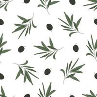 olives pattern. Seamless hand-drawn pattern of fresh olives. Abstract black and green olives. A sprig of olive. Vector illustration.