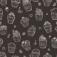 Black and white cupcakes seamless pattern. Hand drawn muffins background. Great for coloring book, wrapping, printing. Vector illustration