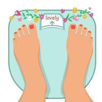 Women's legs on the scales. The concept of body positivity and love for your body. vector