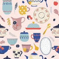 Vector hand drawn. Seamless pattern of collection ceramics elements   tableware. Kitchen utensils and dinnerware.