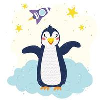 a baby penguin sits on a cloud. rocket, stars. Cute children's poster. Vector hand drawn illustration. nursery poster.