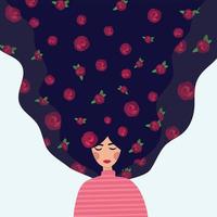 una hermosa chica con una flor. ilustración vectorial de una chica con el pelo largo. linda plantilla de caricatura plana para tarjetas y afiches. día Internacional de la Mujer. vector