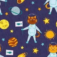 Cheerful cat in space. Seamless pattern for baby products, fabrics, backgrounds, packaging, covers. vector