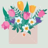 sobre con flores en el interior. un ramo de flores en un sobre para felicitaciones. vector