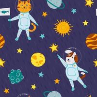perro y gato alegres en el espacio. patrón sin costuras para productos para bebés, telas, fondos, empaques, cubiertas. vector