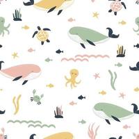 Seamless pattern with whales, octopuses, sea turtles, fishes in boho style. Pastel shades. Underwater world background. vector