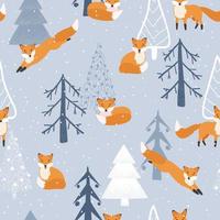 Christmas background. Cute fox, winter forest, snow. Seamless pattern on a white background. Winter forest with animals and a Christmas tree. vector