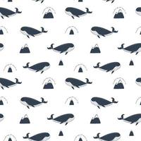 Simple whale, monochrome mountains. background seamless pattern. Vector illustration. Repeating pattern design.