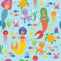 Mermaids with sea animals in the sea seamless pattern. Life under water. Cute mermaids, octopus, crab, sea turtle, jellyfish, fish. Wallpapers for children. Marine pattern. Vector illustration