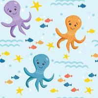Seamless pattern of cute octopuses, starfish, small fish. Vector illustration in simple hand drawn style. Cartoon characters. Octopus, fish, sea, ocean. Summer and children's background.