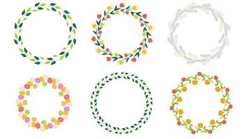 Round frame made of flowers. A set of round simple frames made of flowers and leaves. Round flower wreath. Vector illustration