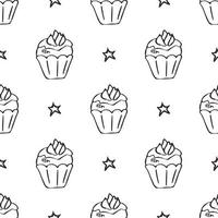 Black and white cupcakes seamless pattern. Hand drawn muffins background. Great for coloring book, wrapping, printing. Vector illustration