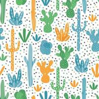 Vector seamless pattern with various cacti. Bright, cute cacti. Background with desert plants for wrapping paper, wallpaper, textiles. Vector seamless pattern with various cacti.