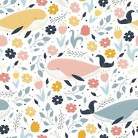 Seamless pattern with whales and rainbows in boho style.