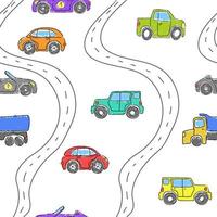 Children's pattern with cute cars. Funny cars.Vector hand-drawn collection for decorating a children's room with a seamless pattern for children's goods, fabrics, backgrounds, packaging, covers. vector