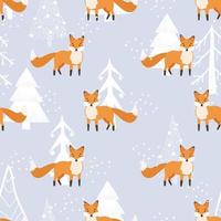 Christmas pattern. Cute fox, winter forest, snow. Seamless pattern on a white background. Winter forest with animals and Christmas tree design for textiles, wallpaper, fabric. vector