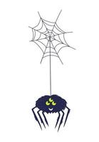 Black cute spider hangs on the web. Vector element isolated on white background.