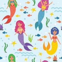 patrón sin costuras de lindas sirenas para niños. cabello colorido, chicas lindas. ilustración vectorial algas, estrellas de mar, olas, peces, burbujas. bajo el estilo de dibujos animados de mar vector