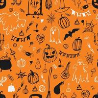 Seamless pattern. Happy Halloween. Pumpkins, ghosts, bowler hat, candy, spider webs. Vector illustration.