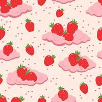 Seamless pattern of fresh strawberries on the clouds. Vector illustration. Design for paper, textiles or wallpaper. Berries on a white background.