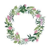 Handdrawn spring wreath with leaves and flowers. vector