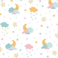 póster infantil luna, estrellas, nubes. se puede usar para tarjetas tipográficas, ropa de bebé, ropa para niños, ropa de cama de diseño. personajes lindos colores rosa, azul, amarillo. Fondo blanco. estilo de dibujos animados vector