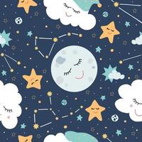 patrón transparente con la luna, las nubes y las estrellas sobre un fondo oscuro. papel tapiz infantil para niños. se puede usar para textiles, ropa de cama, ropa infantil. ilustración vectorial en el estilo de dibujos animados vector