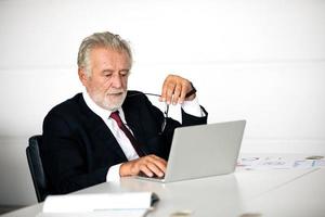 businessmen using notebook and fill serious about the work done until the headache photo