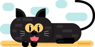 Cartoon black cat flat style vector illustration.Cute cat character.Sleepy cat smiley