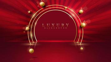 Stage for product show and circle frame with golden curve line decoration and glitter light effects and bokeh. Red luxury style background. vector