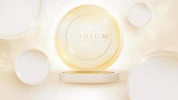 Cream color podium for products display with golden circle line and glitter light effects and bokeh decoration. vector