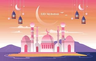 Beautiful Mosque Nature Eid Mubarak Muslim Islamic Celebration Illustration vector