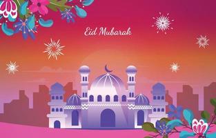 Night Mosque Eid Mubarak Muslim Islamic Celebration Vector Illustration