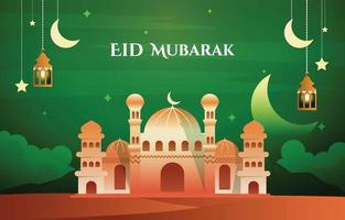 Night Mosque Eid Mubarak Muslim Islamic Celebration Vector Illustration