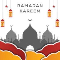 ramadan kareem design in paper cut art style with clouds, stars, and lanterns vector