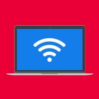 Modern device - laptop, computer or netbook pc flat design with wifi symbol on the screen icon vector illustration. No keybord technology concept of free wireless wi-fi at home isolated red background