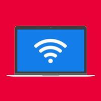 Modern device - laptop, computer or netbook pc flat design with wifi symbol on the screen icon vector illustration. No keybord technology concept of free wireless wi-fi at home isolated red background