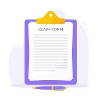 Clipboard with claim form on it, paper sheets, pen isolated on white background. vector