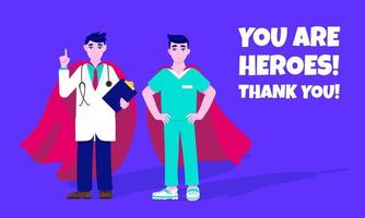 Two doctors with hero cape behind hospital medical employee fight against diseases and viruses. vector